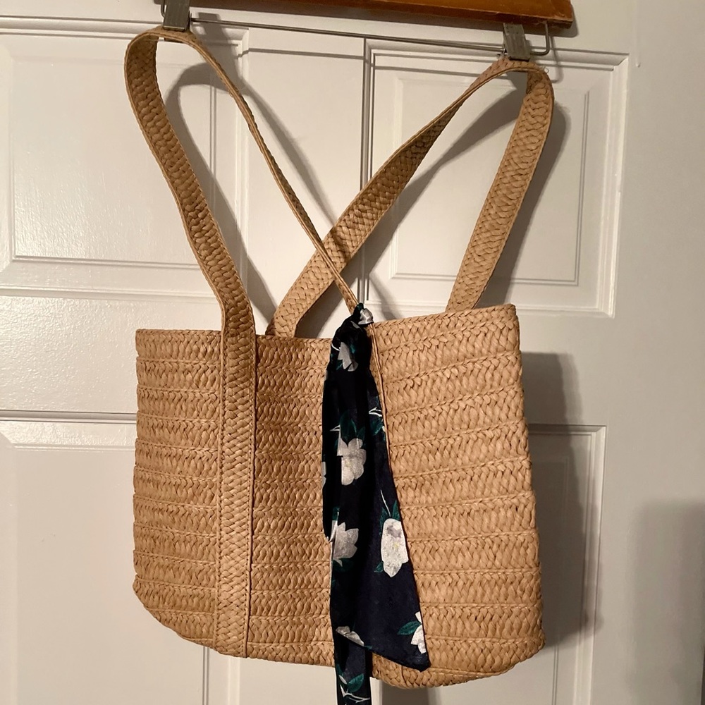 Straw Bag with floral scarf New, never used